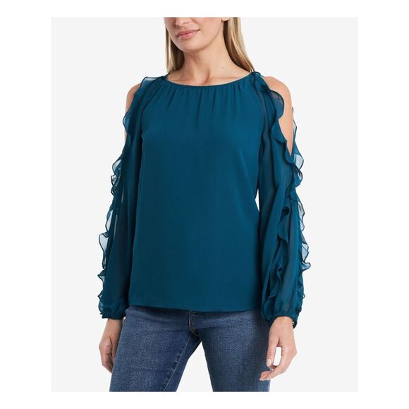 1. STATE Tops - 1. STATE Womens Teal Ruffled Cold Shoulder Long Sleeve Scoop Neck Top XS
